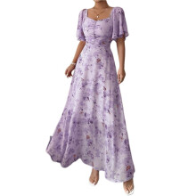 Dames Zomer Maxi-Jurk met Bloemenprint, Korte Mouwen, V-Hals, A-Lijn, Zwierige Jurk, Strandjurk, Bruiloftsgastenjurk Lichtpaars M