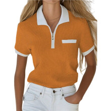 Zomerse Shirts met Korte Mouwen en V-Hals voor Dames, Nette Gebreide Tops, Losvallende Zakelijke Tops Oranje XL