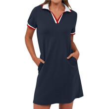 Po-Lo Jurken voor Dames: Tennis- en Golfjurk met Korte Mouwen, V-Hals, Zomerse Casual Jurk met Zakken Zwart XL