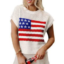 Dames Trui met Amerikaanse Vlag, Korte Mouwen, Ronde Hals, Losvallende Gebreide Trui Wit S
