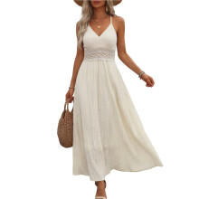 Dames Maxi-Jurk van Gehaakt Kant voor op Het Strand, Effen Kleur, Zomerjurk met Spaghettibandjes, Lange Jurk Abrikooskleur L