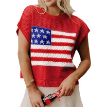 Dames Trui met Amerikaanse Vlag, Korte Mouwen, Ronde Hals, Losvallende Gebreide Trui Rood XL