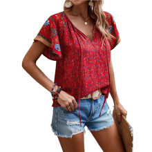 Dames Boho Tops met Bloemenprint, V-Hals, Korte Mouwen, Zomerblouse Rood L