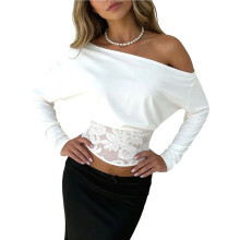 Dames Top met Blote Schouders, Kant en Ruches, Lange Mouwen, Slim Fit, Blouse, Shirt, Uitgaansshirt Wit M