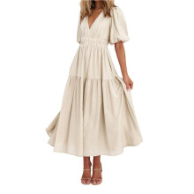 Dames Maxi-Jurk met Diepe V-Hals, Pofmouwen en Korte Mouwen, Boho Lange Zwierige Zomerjurk Abrikooskleur M