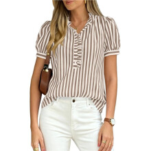 Dames Zomerblouses met Korte Pofmouwen, Gestreept, Geruit, met Ruches, V-Hals en Knoopsluiting Khaki S