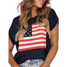 Dames Trui met Amerikaanse Vlagprint, Korte Mouwen en Ronde Hals, Casual Losvallend Vest Zwart L
