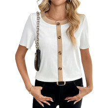 Casual Dames T-Shirt met Knoopsluiting, Kleurblokken, Korte Mouwen, Ribgebreide Stof, Y2K Basic Top Wit L