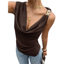 Dames Tanktop met Gedrapeerde Colkraag en Ruches, Mouwloos, Elegant, Perfect voor een Avondje Uit Bruin M
