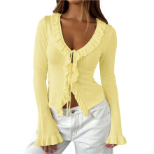 Damesvest met Ruches en Strik aan de Voorkant, Lange Mouwen, Cropped Model, Gebreide Top Geel S