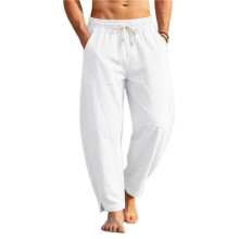 Heren Linnen Broek, Casual Harembroek, Zomerse Strandbroek, Vakantiebroek met Trekkoord en Zakken Wit M