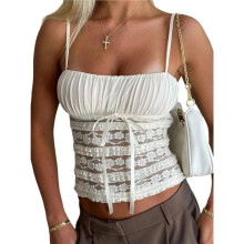 Dames Crop Tops met Strik aan de Voorkant, Schattige Tanktops met Ruches en Spaghettibandjes Abrikooskleur S