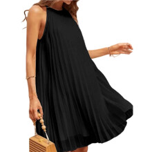 Leuke Mouwloze Jurk met Halternek voor Dames, Effen Kleur, Zwierig, Geplooid, Strandjurk/Zomerjurk Zwart L