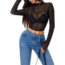 Dames Crop Top met Lange Mouwen, Versierd met Strasssteentjes en Glitters, Doorschijnend Shirt, Perfect voor een Avondje Uit Zwart S