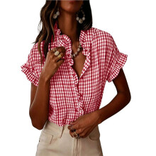 Damesblouse met Ruitjespatroon, Korte Mouwen, Knoopsluiting, Ruches en V-Hals, Casual Werkblouse Rood M
