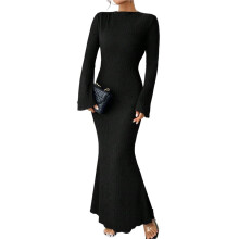 Dames Maxi-Jurk met Lange Mouwen, Geribbelde Gebreide Stof, Boothals, Nauwsluitend Model, Casual Jurk, Uitgaansoutfit Zwart XL