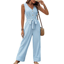 Dames Gestreepte Casual Zomerjumpsuits met Losse Pasvorm, Knoopsluiting, V-Hals en Mouwen Lichtblauw M