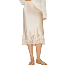 Dames Satijnen Midi-Rok, Casual, Elegant, met Kanten Zoom, Hoge Taille, A-Lijn Model, Stijlvolle Feestoutfit Champagne M