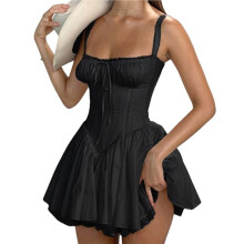 Dames Bustierjurk met Kanten Afwerking, Elegante Balletcorsettop, Tailleaccentuerende A-Lijn Rok Zwart S