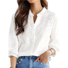Damesblouse met Borduursels, 3/4 Mouwen, V-Hals, Elegante Effen Kleur, Casual Top met Knoopsluiting Wit XXL