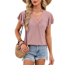 Dames Zomertops met Ruches, Korte Mouwen, V-Hals, Tunieken met Perforaties, Casual Losvallende T-Shirts Leerpoeder XXL