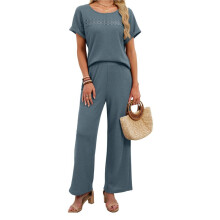 Tweedelige Sets voor Dames, Zomerse Reis- en Vakantieoutfits, Lounge-Sets met Korte Mouwen, Bijpassende Wijde Broeken Blauwgrijs M
