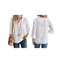 Damesblouse met Oogjesborduurwerk, 3/4 Mouwen, Inkeping in de Hals en Boho- Wit L