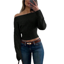 Dames Cropped Truien met Lange Mouwen, Off-Shoulder Trui, Y2K Uitgaanstop Zwart XL