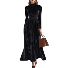 Fluwelen Jurk voor Dames met Hoge Hals, Lange Mouwen, Elegante, Zwierige Maxi-Jurk voor Bruiloften, Feesten, Formele Gelegenheden en Avondjurken Zwart