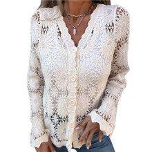Damesvest, Gehaakte Trui, Opengewerkt, Knoopsluiting aan de Voorkant, V-Hals, Lange Mouwen, Gebreide Crop Top Abrikooskleur XXL