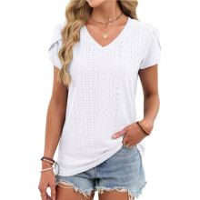 Dames T-Shirt met V-Hals, Zomerse Mouwen, Elegante Casual Top met Oogjesborduurwerk, Modieuze T-Shirts Wit XXL