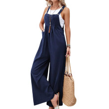 Dames Tuinbroek met Bretels, Casual, Losse Pasvorm, Verstelbare Bandjes, Wijde Pijpen, Jumpsuit met Zakken Diepblauw S