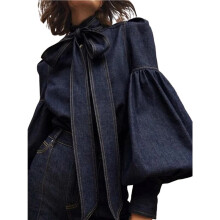 Dames Denim Blouse Pullover met Versieringen, Lange Pofmouwen, Knoopsluiting, Vintage Stijl Marineblauw S
