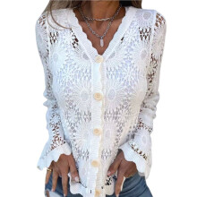 Damesvest, Gehaakte Trui, Opengewerkt, Knoopsluiting aan de Voorkant, V-Hals, Lange Mouwen, Gebreide Crop Top Wit M
