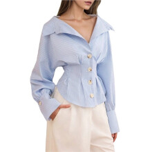 Dames Herfstmode: Blouse met Revers, Lange Mouwen, Strepen, Losse Pasvorm, Knoopsluiting, Effen Kleur, Geschikt voor Werk en Kantoor Blauw XL