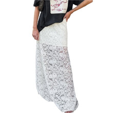 Dames Elastische Maxi Rok met Hoge Taille, Zwierige A-Lijn en Kant, Zomerse Casual Lange Rok Wit M