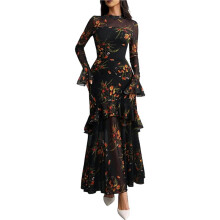Dames Maxi-Jurk met Bloemenprint, Doorschijnende Mesh, Klokmouwen, Gelaagde Ruches, Gotische, Romantische, Casual Lange Jurk Zwart M