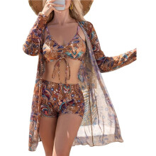Dames 3-Delige Bikiniset, Badpak, Tropische Strandcover-, Zwemkleding, Badpak met Shortje Bruin ZB3383 XL