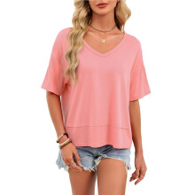 Dames Zomer T-Shirts met V-Hals, Casual Tops met Korte Mouwen, Losvallende Modellen, Leuke Basic T-Shirts met een Losse Pasvorm Roze XL