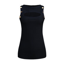 Dames Mouwloze Tanktop met Ronde Hals, Effen Kleur, Knoopjes en Ribstof, Casual Vest Zwart S