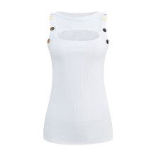 Dames Mouwloze Tanktop met Ronde Hals, Effen Kleur, Knoopjes en Ribstof, Casual Vest Wit L