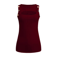 Dames Mouwloze Tanktop met Ronde Hals, Effen Kleur, Knoopjes en Ribstof, Casual Vest Wijnrood L
