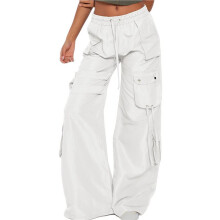 Cargobroek voor Dames, Hoge Taille, Baggy, Wijde Pijpen, Elastisch, Y2K Streetwear, Cargobroek met Zakken Wit L