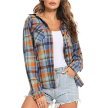 Camisa Xadrez Feminina de Flanela, Estilo Boyfriend, Manga Comprida com Botões e Barra Dobrada Azul Laranja Verde XXL