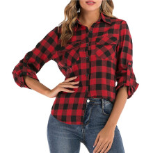 Camisa Xadrez Feminina de Flanela, Estilo Boyfriend, Manga Comprida com Botões e Barra Dobrada Vermelho e Preto XXL
