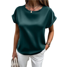 Dames Zomerse Nette Casual Shirts met Korte Mouwen, Ronde Hals, Satijnen Blouses voor op Kantoor en Werk Donkergroen S