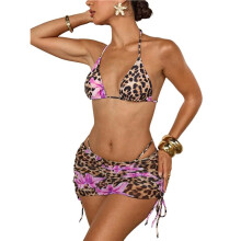 Dames 3-Delige Bikini Set met Bloemen- en Luipaardprint, Haltermodel en Driehoekig Badpak met Mesh Cover- Rok Lichtpaars S