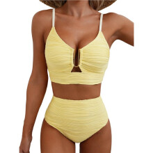 Dames 2-Delige Bikiniset met U-Vormige Beugel en Uitsnijdingen, Hoge Taille, Gestructureerde Strandkleding Geel L