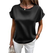 Dames Zomerse Nette Casual Shirts met Korte Mouwen, Ronde Hals, Satijnen Blouses voor op Kantoor en Werk Zwart S