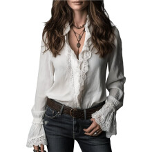 Dames Elegante Casual Kanten Blouse van Katoen met Lange Mouwen en Knoopsluiting Wit M